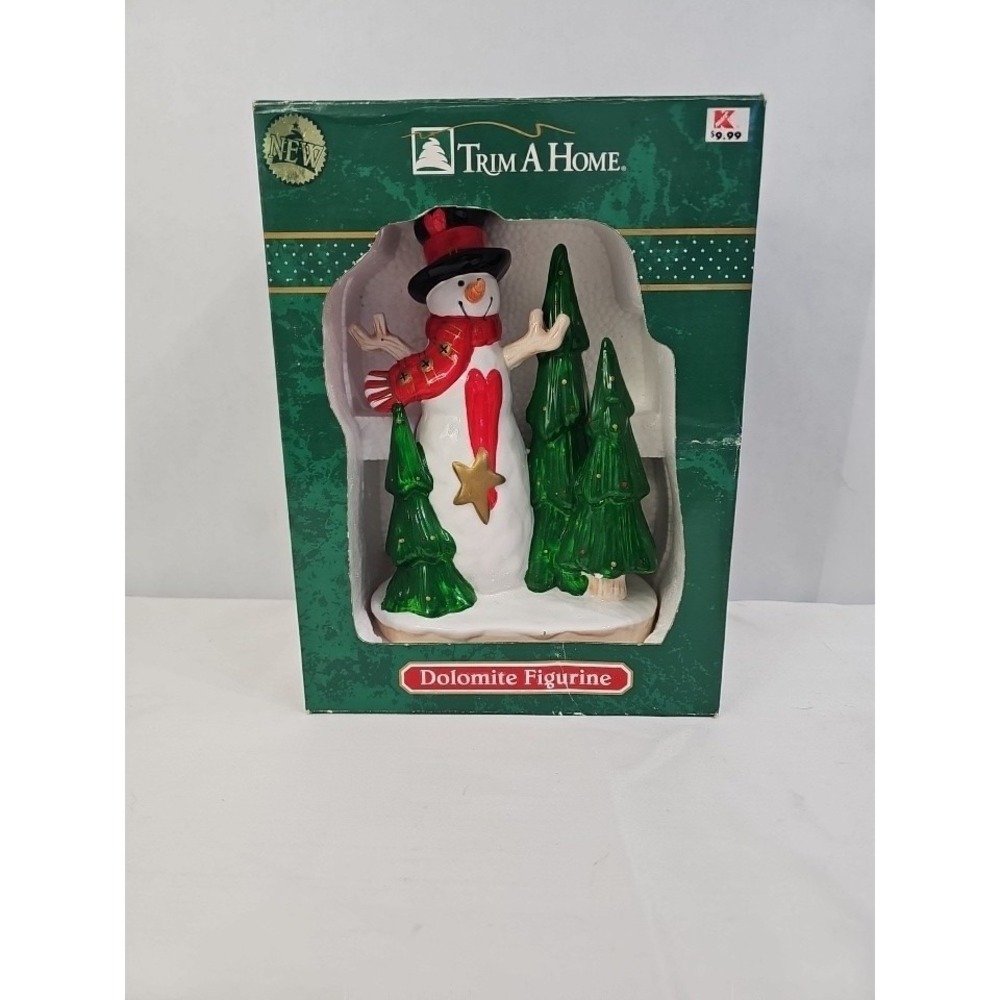 VTG Trim A Home Dolomite Snowman Figurine With Christmas Trees Holiday Decor